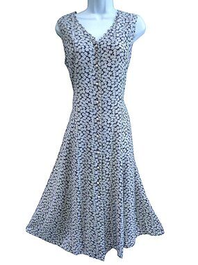 Vintage USA Navy White Ditsy Floral Tank Dress Full Front Button Lace Up Tie Bac